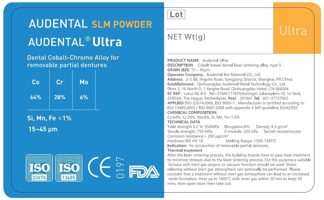 Audental Ultra SLM Powder/CoCrMo/CE,FDA,IdentAlloy/طباعة معدنية ثلاثية الأبعاد للأسنان